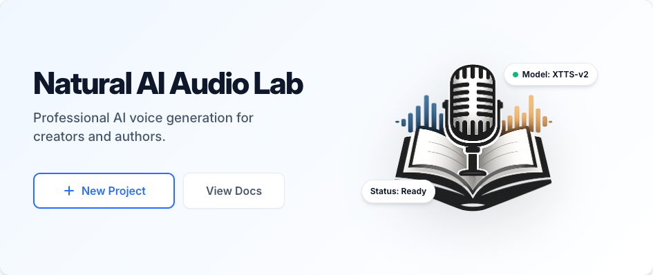 Audiobook Studio Central Dashboard showing the Hero Section and book mockup