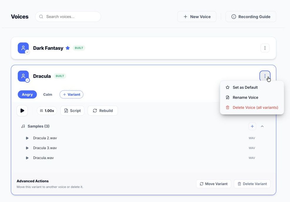 Narrator Studio showing custom voice profiles and cloning interface