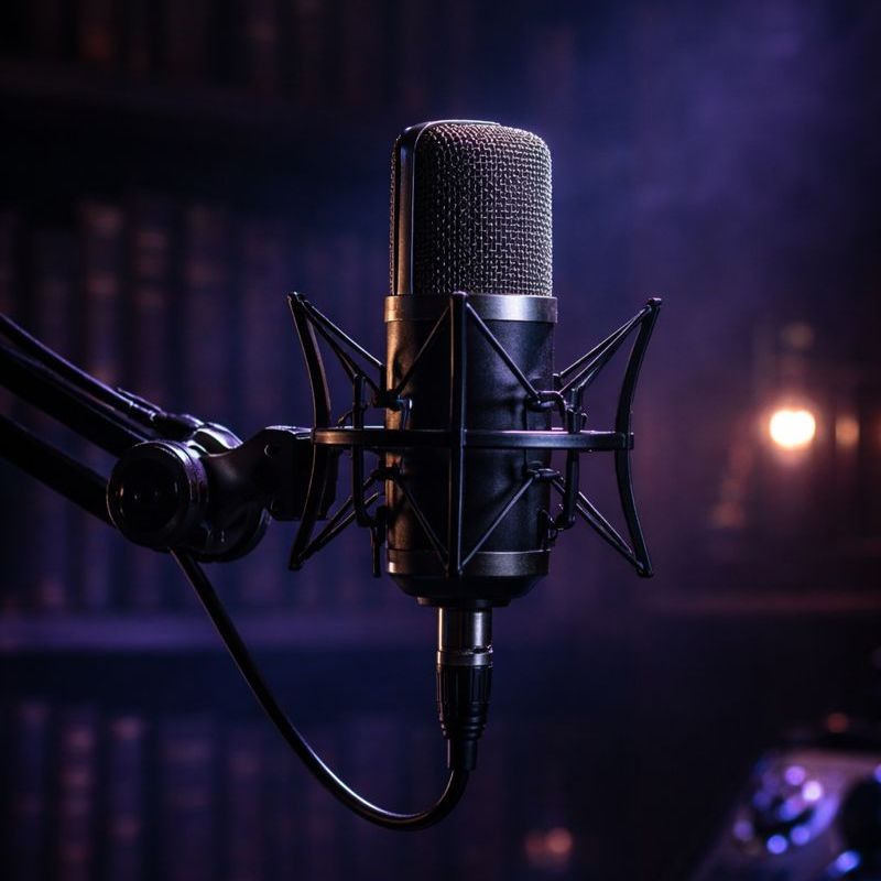 Professional microphone in a moody studio setting
