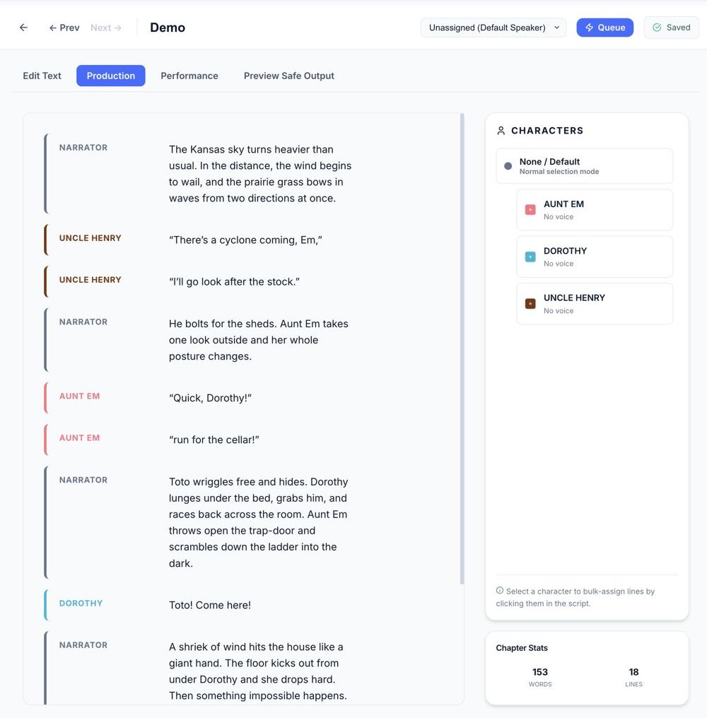 Production Workspace showing granular character assignment and segment control